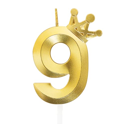 Geburtstagskerzen mit der Zahl 9, Feuerwerk, Wunderkerzen für Geburtstagskuchen, 3D-Kronen-Design-Kuchenaufsatz, Dekorationen (Gold, 8 cm) von Hmxpls