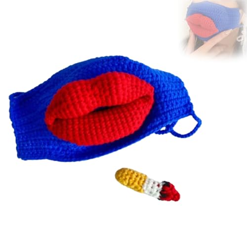 HoNung Wurstmund-Strickmaske, lustige Parodie mit großen roten Lippen, lustige Rauchermaske, Wurstmund-Rauchermaske (blue) von HoNung