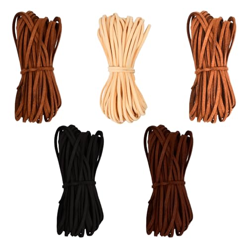 5 Pcs Lederschnur, Lederbänder 10m x 2.6 mm, Faux Wildleder Schnur, Flach Wildlederseil, Lederband für Halsketten DIY Armband Schmuck Handwerk von HoaaiGo