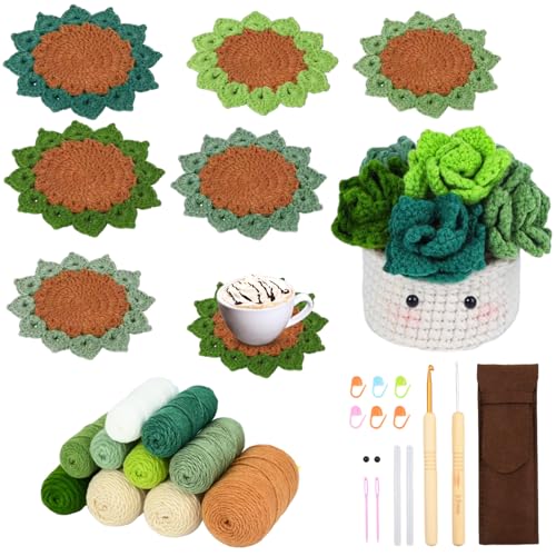 HoaaiGo Häkelset für Anfänger, 6 Stück handgefertigte Untersetzer in einem Blumentopf, Häkel-Startset, komplettes Anfänger-Häkelset mit Garn, Zubehör, komplettes Häkel-Starter-Set für erwachsene von HoaaiGo