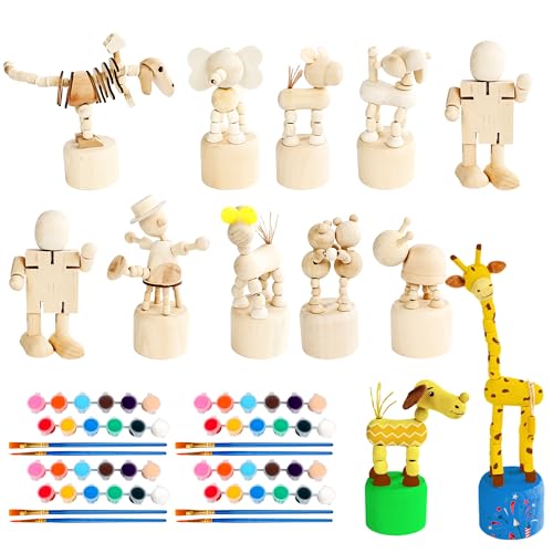 Hoarost 16-teiliges Tier-Holz-Bastelset mit 12 unlackierten Cartoon-Figuren aus Holz, 4 Stück, 12 Farben, 3 ml Acrylfarbe und 4 Pinseln für Bastelarbeiten, Heimbüro-Dekoration von Hoarost