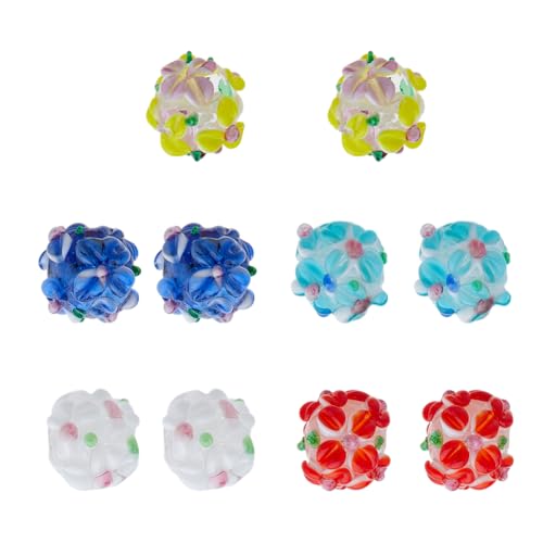 Hobbspring 10 Stück Bumpy Lampwork Glasperlen 5 Farben Runde Geprägte Blumenperlen Handgefertigte Bumpy Glasperlen für Schmuck Halskette Armbänder Ohrringe Making DIY Crafts von Hobbspring