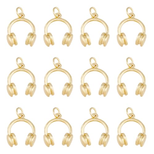 Hobbspring 12 Stück 18K Gold plattiert Messing Charms Kopfhörer Punk Rock Charms Headset Musical Charm mit Jump Rings für Schmuck Halskette Armbänder Ohrringe machen DIY Crafts von Hobbspring