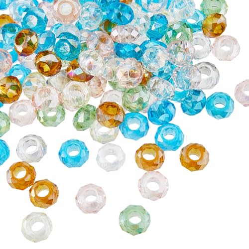Hobbspring 120Pcs Glas Großes Loch Perlen 14mm Facettiert Europäische Perlen Assorted Crystal Facettiert Lose Perle Donut Crystal Spacer Perlen für DIY Halskette Armband Schmuck machen von Hobbspring