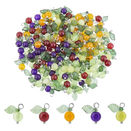 Hobbspring 150 Stück 5 Farben Jade Perlen Anhänger 6mm Runde Steinanhänger Schmuckanhänger Mit Grünem Acrylblatt Für Die DIY Schmuckherstellung von Schlüsselanhängern Armbändern Ohrringen von Hobbspring
