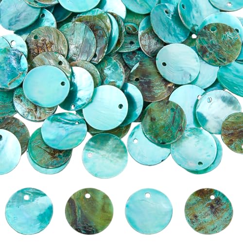 Hobbspring 150 Stück Flache Runde Muschelperlen 15mm Scheiben Münz Muschelanhänger Dunkelcyan Natürliche Akoya Muschel Gefärbte Scheibenanhänger Für Die Herstellung von Ohrringen Armbändern Halsketten von Hobbspring