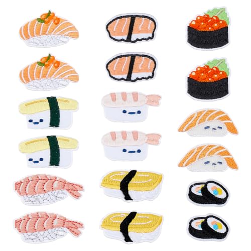 Hobbspring 18 Stück Aufnäher Zum Aufbügeln Mit Lebensmitteln 9 Stile Sushi Bestickte Reparaturflicken Individuelle Sashimi Chirashi Applikation Für Kleidung Taschen Hüte Jacken Jeans Rucksäcke Dekor von Hobbspring