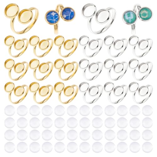 Hobbspring 24 Stück Edelstahl Ringsockel 2 Farben Blanker Fingerringsockel Offene Manschettenring Lünettenschale Flaches Rundes Pad Ringsockel Mit Glascabochons Für Die Herstellung von DIY Ringen von Hobbspring