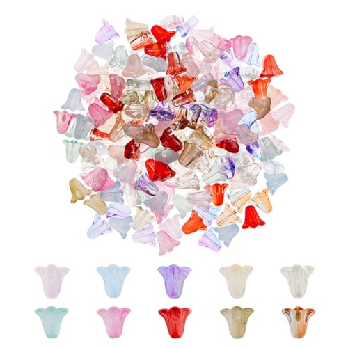 Hobbspring 300 Stück Transparente Blume Glasperlen 10 Farben Glocke Orchidee Blume Glasperlen Sprühlackierte Blumenperlen mit Loch für Schmuck Halskette Armbänder Ohrringe Making DIY Crafts von Hobbspring