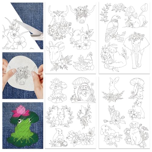 Hobbspring 4 Blatt Wasserlösliche Stickmuster 29.7x21cm Stick Und Stich Stickpapier Mit Tiermotiv Selbstklebendes Stick Transferpapier Mit Ochsen Und Vogelmuster Für Hemden von Hobbspring