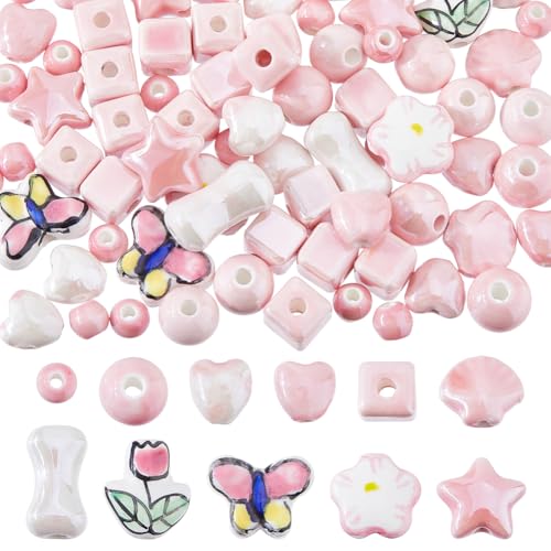 Hobbspring 78 Stücke Pink Handgefertigte Porzellanperlen Glasiert Gemischte Formen Muschel Stern Blume Herz Würfel Runder Schmetterling DIY Schmuck Bastelprojekte von Hobbspring