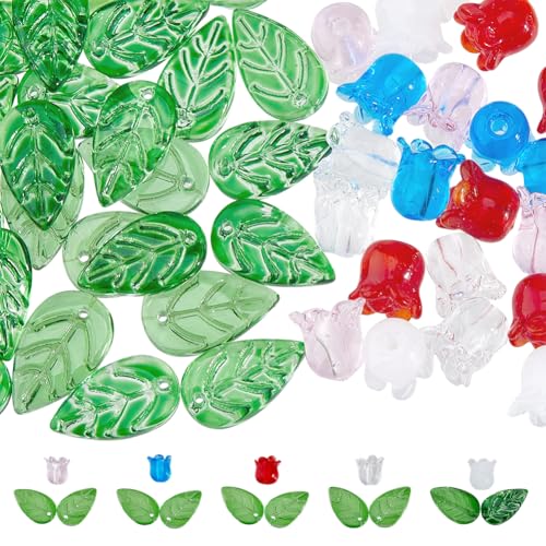 Hobbspring 80 Stück Glas Lampwork Perlen Gemischte Farben Maiglöckchen Perlen Mit Blatt Tschechische Lampworkperle Für DIY Schmuckherstellung Bastelprojekte Handgefertigte Halsketten Und Armbänder von Hobbspring