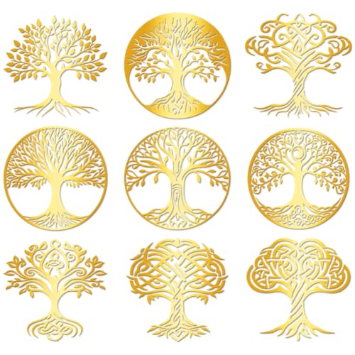 Hobbspring 9 Stück Goldene Selbstklebende Aufkleber 4cmx4cm Baum Des Lebens Metallaufkleber Goldener Baum Wasserdicht Dekorationsaufkleber Für Sammelalben DIY Harzhandwerk Telefonflaschendekoration von Hobbspring