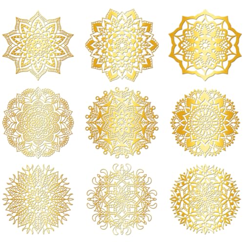 Hobbspring 9 Stück Goldene Selbstklebende Aufkleber 4cmx4cm Blumen Metall Aufkleber Mandala Wasserfest Dekorationsaufkleber Für Sammelalben DIY Harzhandwerk Telefon Und Wasserflaschen Dekoration von Hobbspring