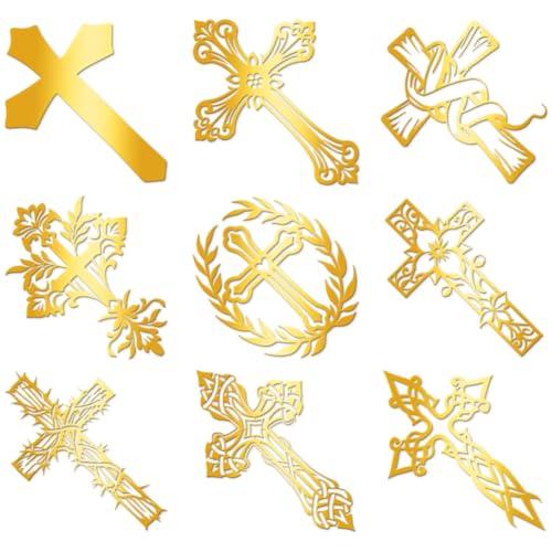 Hobbspring 9 Stück Goldene Selbstklebende Aufkleber 4cmx4cm Kreuz Metallaufkleber Vintage Glaubenskreuz Wasserdicht Dekorationsaufkleber Für Sammelalben DIY Harzbasteleien Telefonflaschendekoration von Hobbspring