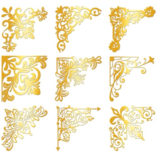 Hobbspring 9 Stück Goldene Selbstklebende Aufkleber 4x4cm Blumenrand Metallaufkleber Retro Rand Wasserfest Dekorationsaufkleber Für Sammelalben DIY Harzbasteln Telefon Flaschendekor von Hobbspring