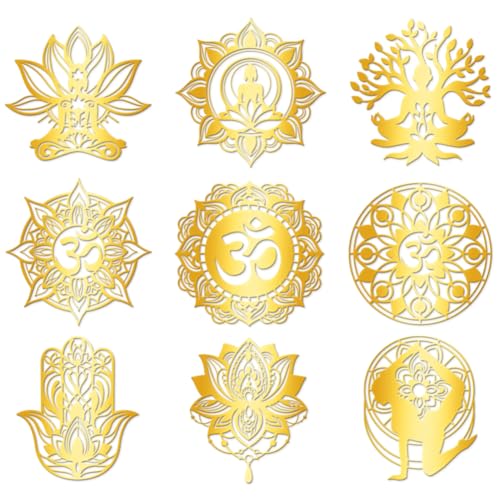 Hobbspring 9 Stück Goldene Selbstklebende Aufkleber 4x4cm Heilige Geometrie Metall Aufkleber Yoga Lotus Mandala Wasserfest Dekorationsaufkleber Für Sammelalben DIY Basteln Wasserflaschen Dekor von Hobbspring