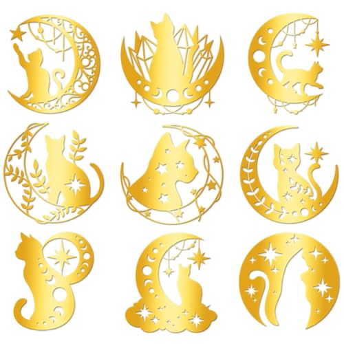 Hobbspring 9 Stück Goldene Selbstklebende Aufkleber 4x4cm Sterne Und Mond Katze Metall Aufkleber Mondphasen Katze Wasserfest Dekorationsaufkleber Für Sammelalben DIY Bastelarbeiten Flaschendekor von Hobbspring