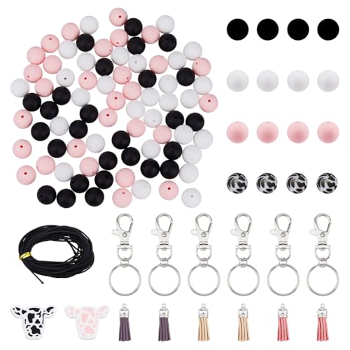 Hobbspring Schlüsselanhänger Set Bestehend Aus 90 Stück 15mm Runden Silikonperlen 4 Stück Rinderperlen 6 Stück Quastendekorationen 6 Stück Karabinerverschlüssen Und 1 Stück Elastischem Polyesterband von Hobbspring