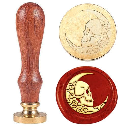Hobbspring Wachssiegelstempel Totenkopf Mit Mond 1 Stück Vintage Wachssiegelstempel Geschenk für Weihnachten Geschenk für Weihnachten 25mm Abnehmbarer Messingkopfstempel Mit Holzgriff Für Umschläge von Hobbspring