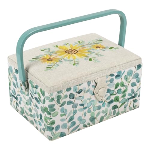 Hobby Gift Exclusive Mittelgroße Nähhandwerk-Bastel-Aufbewahrungsbox, Zubehörablage, Nadelkissen, Tasche, PVC-Griff, bestickter Deckel, 18,5 x 25,5 x 14,5 cm, Eukalyptus von Hobby Gift