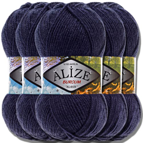 Alize 5x 100g Burcum Klasik Classic Türkische Premium Wolle 100% Acryl Handstrickgarne Uni Einfarbig | Garn | Yarn Babywolle Strickgarn zum Baby Häkeln Stricken (Navy | 58) von Hobby YARN