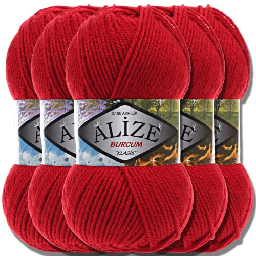 Alize 5x 100g Burcum Klasik Classic Türkische Premium Wolle 100% Acryl Handstrickgarne Uni Einfarbig | Garn | Yarn Babywolle Strickgarn Baby zum Häkeln Stricken (Red | 106) von Hobby YARN