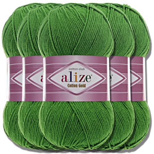 Alize 5 x 100g Cotton Gold Türkische Premium Wolle Baumwolle und Acryl Handstrickgarne | Garn | Yarn | Babywolle Strickgarn Akzente Accessoire Baby zum Häkeln Stricken Kleidung Schals (Grass | 126) von Hobby YARN