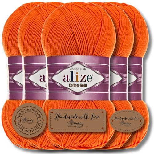 Alize 5 x 100g Cotton Gold Türkische Premium Wolle Baumwolle und Acryl Handstrickgarne | Garn | Yarn | Babywolle Strickgarn Akzente Accessoire Baby zum Häkeln Stricken Kleidung Schals (Orange | 37) von Hobby YARN