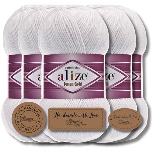 Alize 5 x 100g Cotton Gold Türkische Premium Wolle Baumwolle und Acryl Handstrickgarne | Garn | Yarn | Babywolle Strickgarn Akzente Accessoire Baby zum Häkeln Stricken Kleidung Schals (White | 55) von Hobby YARN