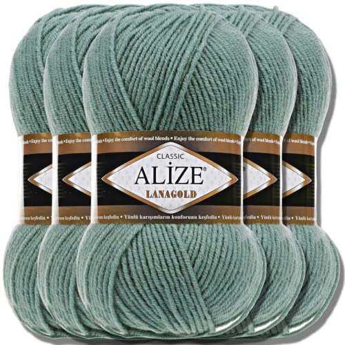 Alize 5 x 100g Lanagold Classic Türkische Premium Wolle Baumwolle und Acryl Uni Handstrickgarne | Yarn | Garn | Strickgarn Einfarbig Baby zum Häkeln Stricken Kleidung Schals (Azure | 386) von Hobby YARN