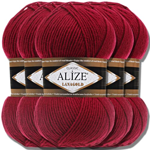 Alize 5 x 100g Lanagold Classic Türkische Premium Wolle Baumwolle und Acryl Uni Handstrickgarne | Yarn | Garn | Strickgarn Einfarbig Baby zum Häkeln Stricken Kleidung Schals (Cherry | 390) von Hobby YARN