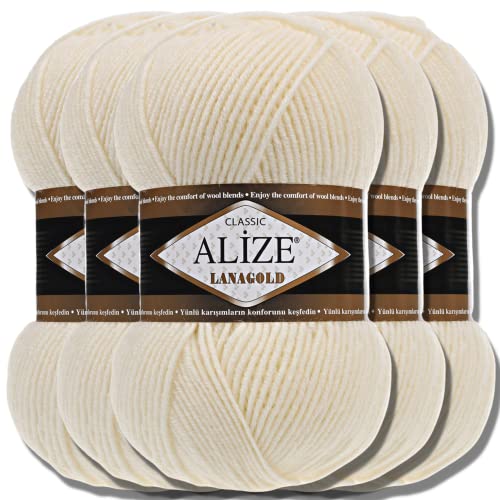 Alize 5 x 100g Lanagold Classic Türkische Premium Wolle Baumwolle und Acryl Uni Handstrickgarne | Yarn | Garn | Strickgarn Einfarbig Baby zum Häkeln Stricken Kleidung Schals (Cream | 1) von Hobby YARN