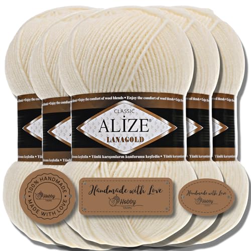 Alize 5 x 100g Lanagold Classic Türkische Premium Wolle Baumwolle und Acryl Uni Handstrickgarne | Yarn | Garn | Strickgarn Einfarbig Baby zum Häkeln Stricken Kleidung Schals (Cream | 1) von Hobby YARN