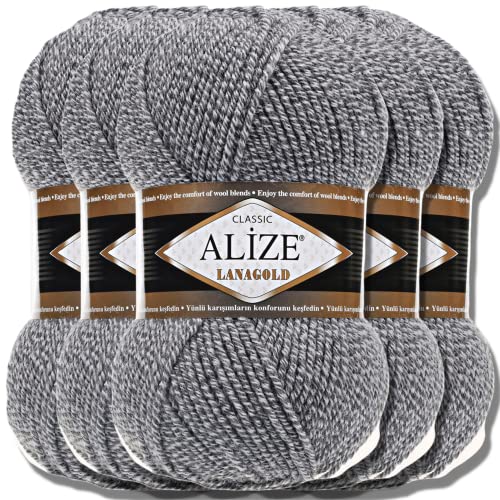Alize 5 x 100g Lanagold Classic Türkische Premium Wolle Baumwolle und Acryl Uni Handstrickgarne | Yarn | Garn | Strickgarn Einfarbig Baby zum Häkeln Stricken Kleidung Schals (Light Grey DUE | 651) von Hobby YARN