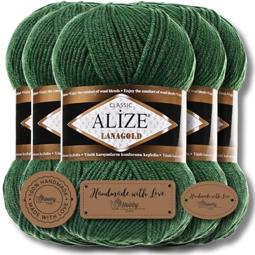 Alize 5 x 100g Lanagold Classic Türkische Premium Wolle Baumwolle und Acryl Uni Handstrickgarne | Yarn | Garn | Strickgarn Einfarbig Baby zum Häkeln Stricken Kleidung Schals (Pine | 118) von Hobby YARN
