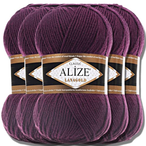 Alize 5 x 100g Lanagold Classic Türkische Premium Wolle Baumwolle und Acryl Uni Handstrickgarne | Yarn | Garn | Strickgarn Einfarbig Baby zum Häkeln Stricken Kleidung Schals (Plum | 111) von Hobby YARN