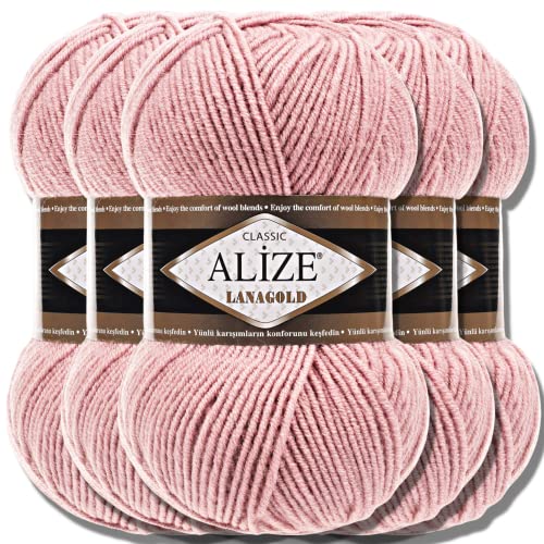 Alize 5 x 100g Lanagold Classic Türkische Premium Wolle Baumwolle und Acryl Uni Handstrickgarne | Yarn | Garn | Strickgarn Einfarbig Baby zum Häkeln Stricken Kleidung Schals (Powder | 161) von Hobby YARN