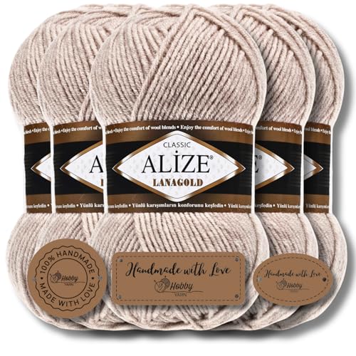 Alize 5 x 100g Lanagold Classic Türkische Premium Wolle Baumwolle und Acryl Uni Handstrickgarne | Yarn | Garn | Strickgarn Einfarbig Baby zum Häkeln Stricken Kleidung Schals (Stone | 585) von Hobby YARN