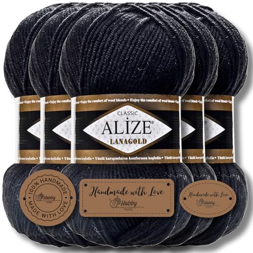 Alize 5x 100g Lanagold Classic Türkische Premium Wolle Baumwolle und Acryl Uni Handstrickgarne | Yarn | Garn | Strickgarn Einfarbig Baby zum Häkeln Stricken Kleidung Schals (Black | 60) von Hobby YARN