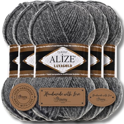 Alize 5x 100g Lanagold Classic Türkische Premium Wolle Baumwolle und Acryl Uni Handstrickgarne | Yarn | Garn | Strickgarn Einfarbig Baby zum Häkeln Stricken Schals (Medium Grey Melange | 182) von Hobby YARN