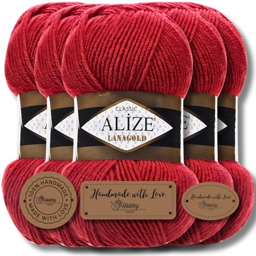 Alize 5 x 100g Lanagold Classic Türkische Premium Wolle Baumwolle und Acryl Uni Handstrickgarne | Yarn | Garn | Strickgarn Einfarbig Baby zum Häkeln Stricken Kleidung Schals (Red | 56) von Hobby YARN