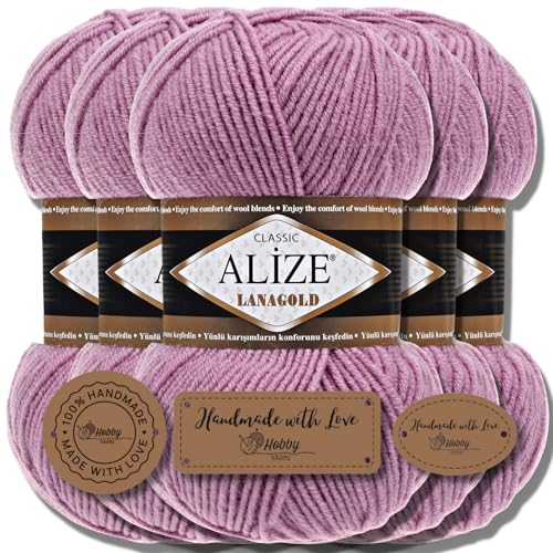 Alize 5 x 100g Lanagold Classic Türkische Premium Wolle Baumwolle und Acryl Uni Handstrickgarne | Yarn | Garn | Strickgarn Einfarbig Baby zum Häkeln Stricken Kleidung Schals (Rose | 28) von Hobby YARN