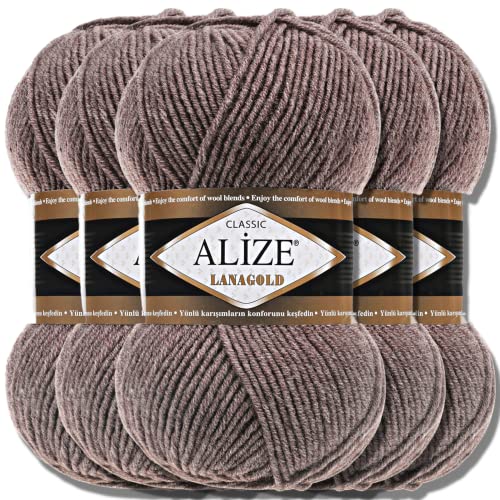 Alize 5 x 100g Lanagold Türkische Premium Wolle Baumwolle und Acryl Handstrickgarne | Yarn | Garn | Strickgarn Accessoire Baby zum Häkeln Stricken Kleidung Schals (Cocoa | 240) von Hobby YARN