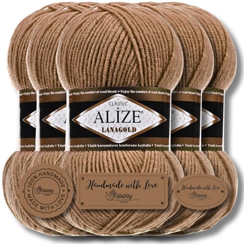 Alize 5 x 100g Lanagold Türkische Premium Wolle Baumwolle und Acryl Handstrickgarne | Yarn | Garn | Strickgarn Accessoire Baby zum Häkeln Stricken Kleidung Schals (Dark Beige | 466) von Hobby YARN