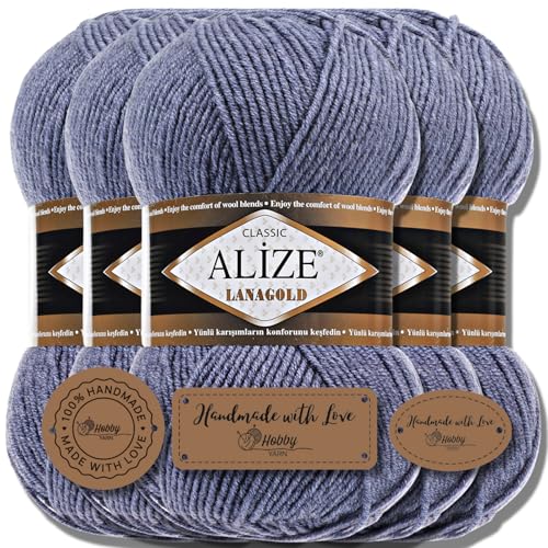 Alize 5 x 100g Lanagold Türkische Premium Wolle Baumwolle und Acryl Handstrickgarne | Yarn | Garn | Strickgarn Accessoire Baby zum Häkeln Stricken Kleidung Schals (Denim Melange | 203) von Hobby YARN