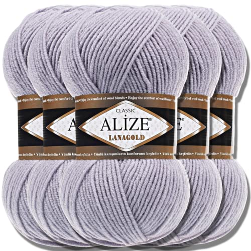 Alize 5 x 100g Lanagold Türkische Premium Wolle Baumwolle und Acryl Handstrickgarne | Yarn | Garn | Strickgarn Accessoire Baby zum Häkeln Stricken Kleidung Schals (Grey | 200) von Hobby YARN
