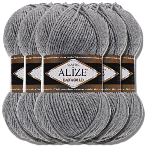 Alize 5 x 100g Lanagold Türkische Premium Wolle Baumwolle und Acryl Handstrickgarne | Yarn | Garn | Strickgarn Accessoire Baby zum Häkeln Stricken Kleidung Schals (Grey Melange | 21) von Hobby YARN