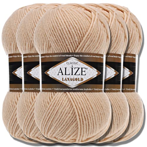 Alize 5 x 100g Lanagold Türkische Premium Wolle Baumwolle und Acryl Handstrickgarne | Yarn | Garn | Strickgarn Accessoire Baby zum Häkeln Stricken Kleidung Schals (Honey | 680) von Hobby YARN