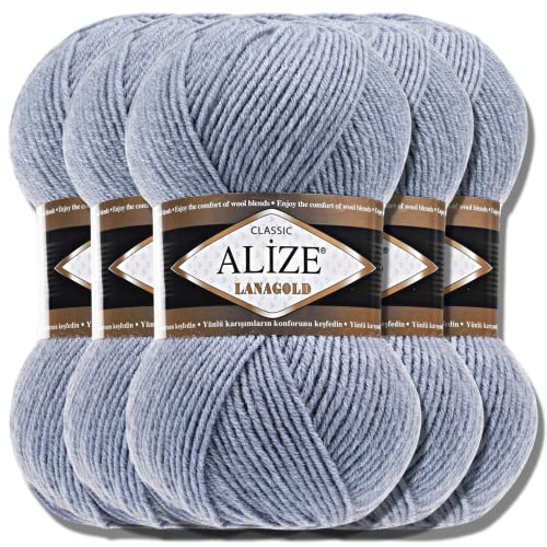 Alize 5 x 100g Lanagold Türkische Premium Wolle Baumwolle und Acryl Handstrickgarne | Yarn | Garn | Strickgarn Accessoire Baby zum Häkeln Stricken Kleidung Schals (Light Denim Melange | 221) von Hobby YARN